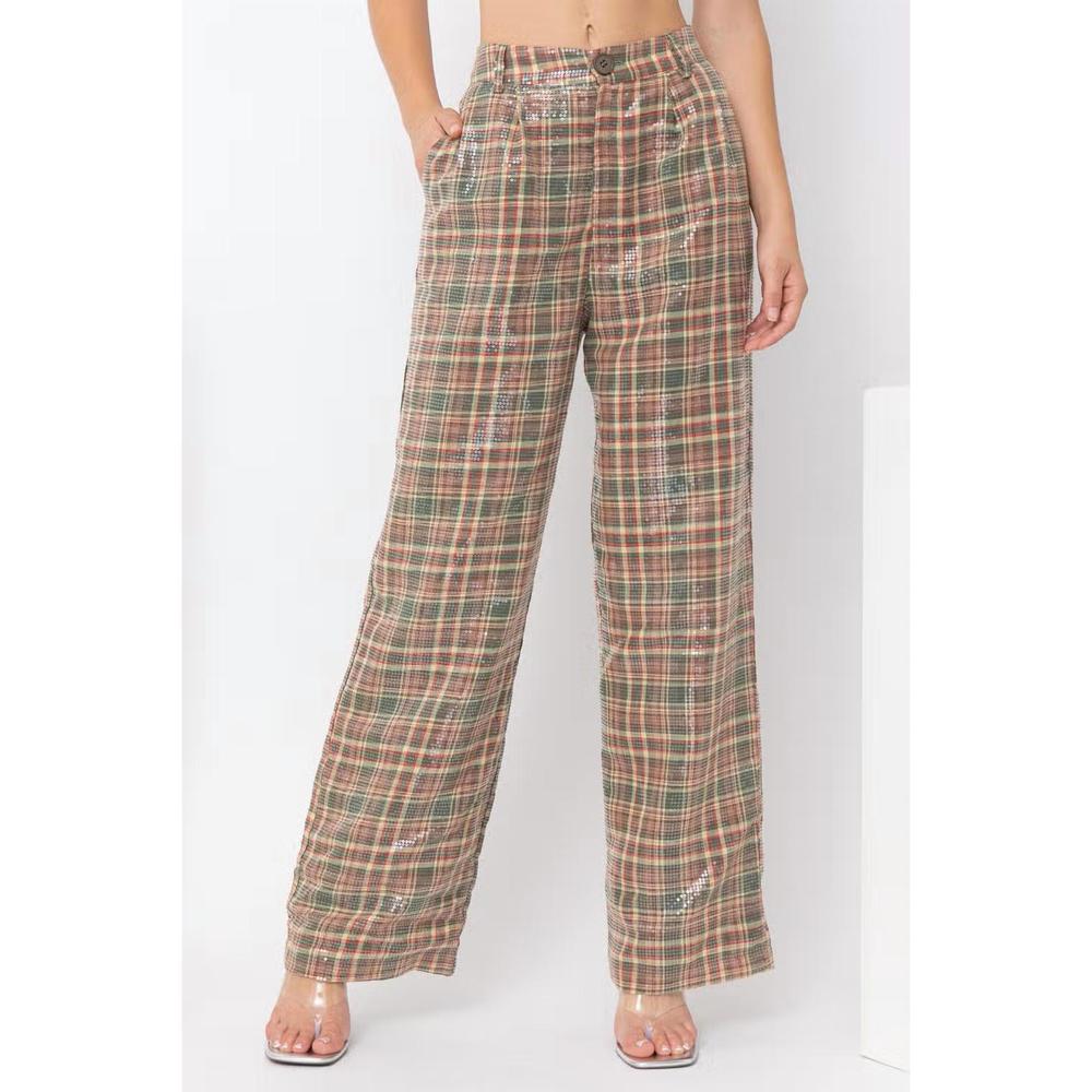 NEW PRETTY GARBAGE that's a wrap sequin plaid pants in brown multi